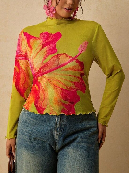 Tops - Green Floral Print Casual Women's Plus Size Long Sleeve Base Layer Top